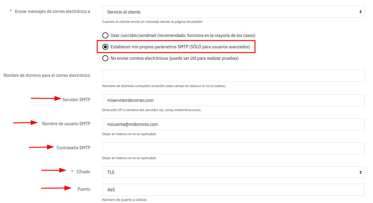 Pantalla de configuración SMTP de PrestaShop con servidor, usuario, cifrado TLS y puerto